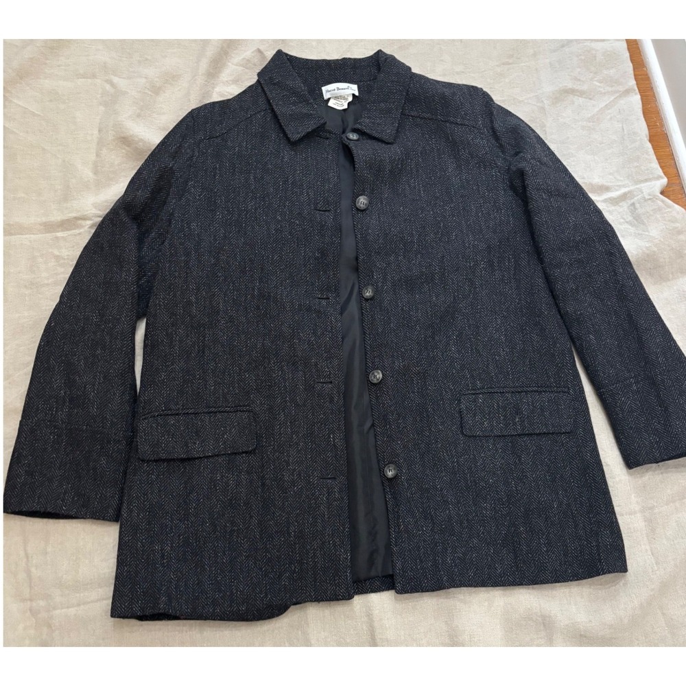 Vintage Wool Tweed Coat Sz 16 Charcoal, Herringbone, Dark Academia, Quiet Luxury